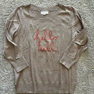 LOFT Tan Sweater with Red 'Hello Fall' Design